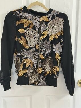 Sequin Floral Black Bomber Jacket by Top Chic